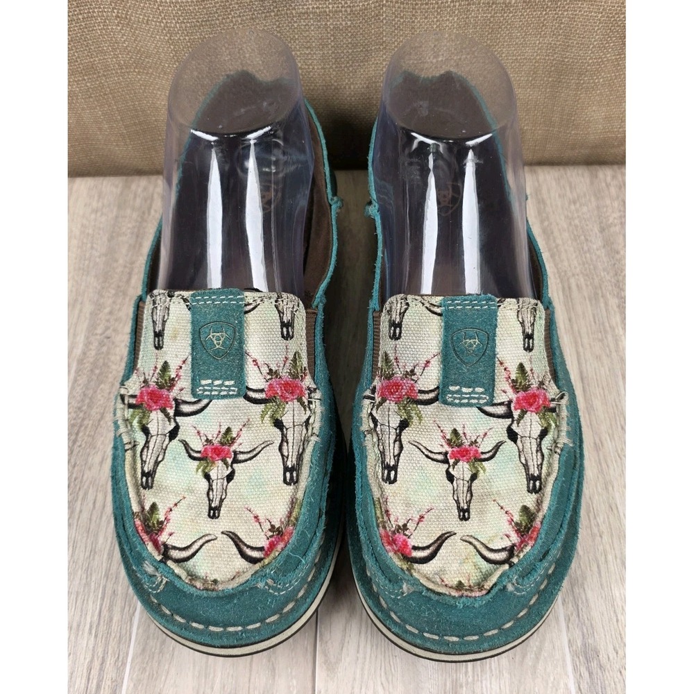 Ariat Cruiser Womens Teal Suede Steer Skull Roses Slip On Loafers Shoes 6.5B